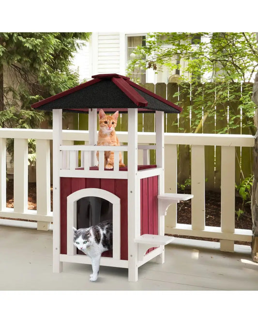 2-Story Wooden Cat House with Asphalt Roof Balcony and Rain Curtain-Red & White - Red & White - Cat Houses