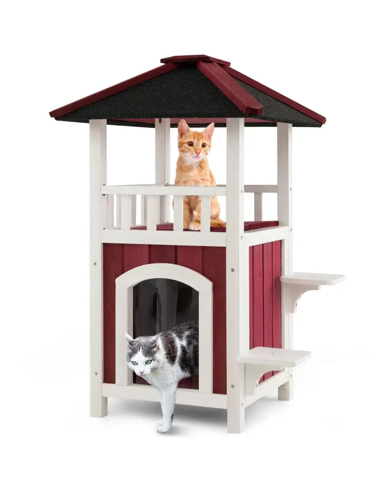 2-Story Wooden Cat House with Asphalt Roof Balcony and Rain Curtain-Red & White - Red & White - Cat Houses