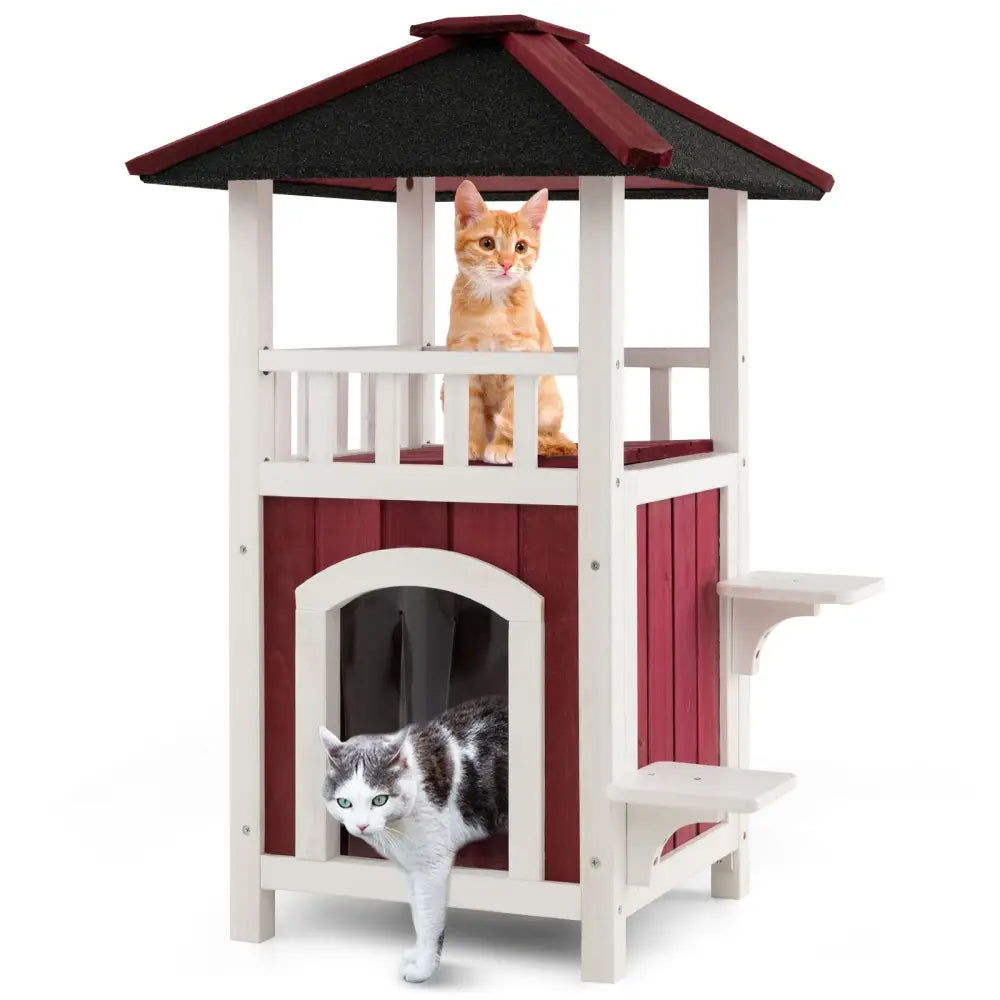 2-Story Wooden Cat House with Asphalt Roof Balcony and Rain Curtain-Red & White - Red & White - Cat Houses