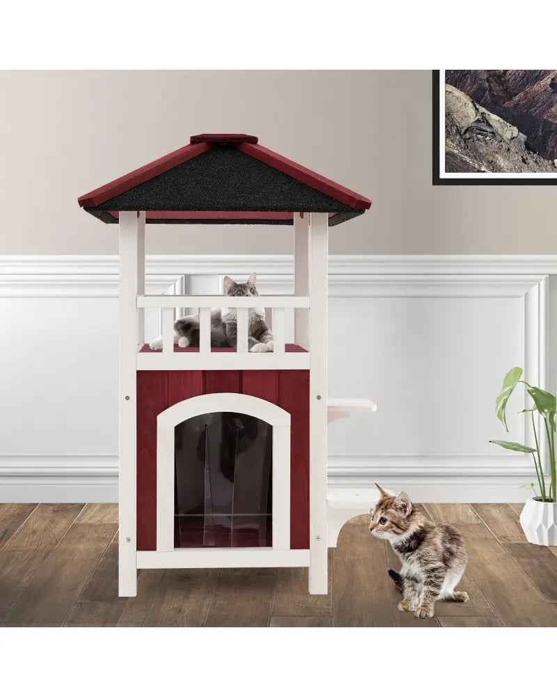2-Story Wooden Cat House with Asphalt Roof Balcony and Rain Curtain-Red & White - Red & White - Cat Houses