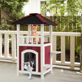 2-Story Wooden Cat House with Asphalt Roof Balcony and Rain Curtain-Red & White - Red & White - Cat Houses