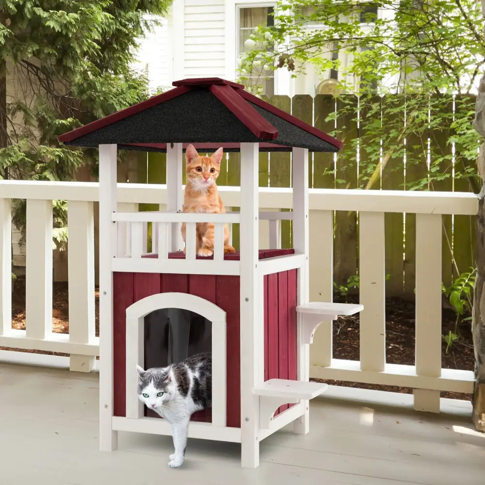 2-Story Wooden Cat House with Asphalt Roof Balcony and Rain Curtain-Red & White - Red & White - Cat Houses