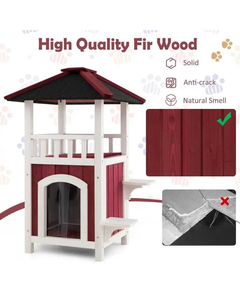 2-Story Wooden Cat House with Asphalt Roof Balcony and Rain Curtain-Red & White - Red & White - Cat Houses
