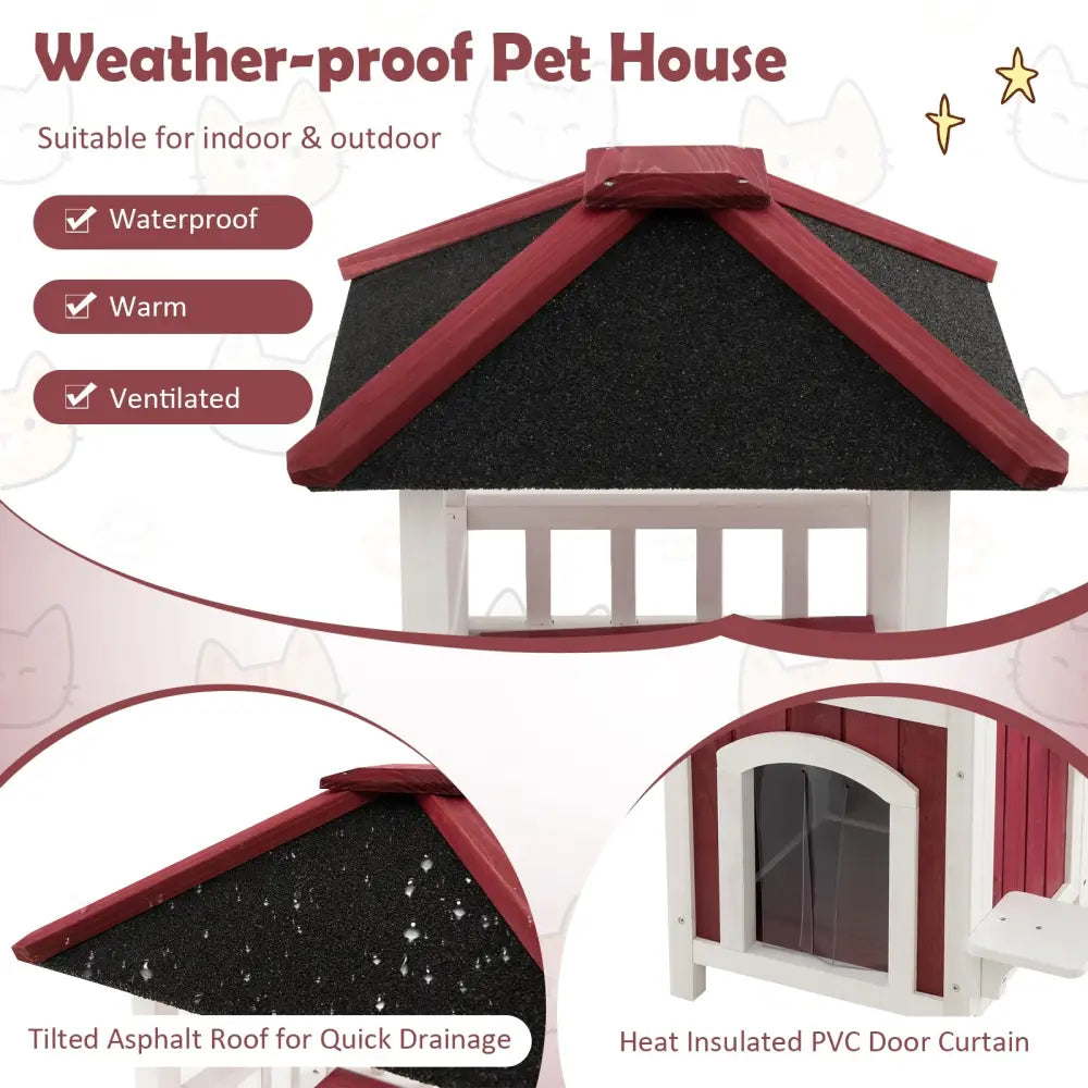 2-Story Wooden Cat House with Asphalt Roof Balcony and Rain Curtain-Red & White - Red & White - Cat Houses