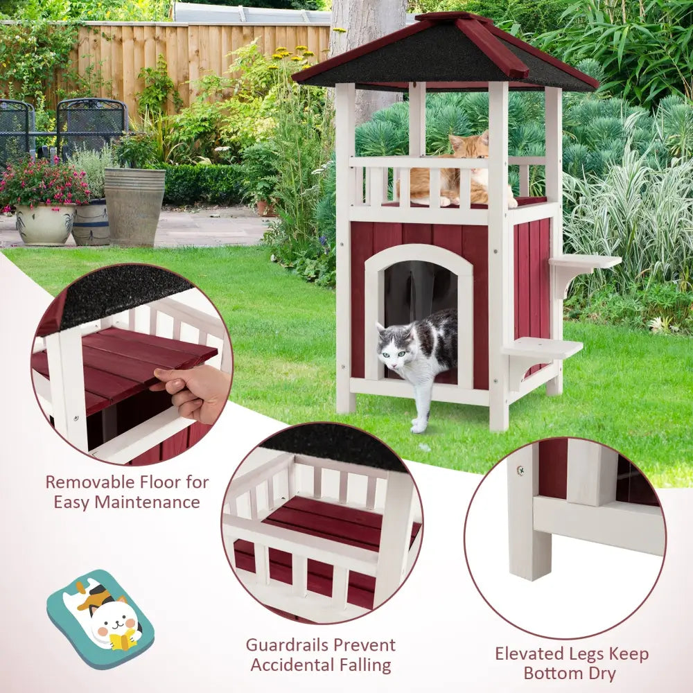 2-Story Wooden Cat House with Asphalt Roof Balcony and Rain Curtain-Red & White - Red & White - Cat Houses