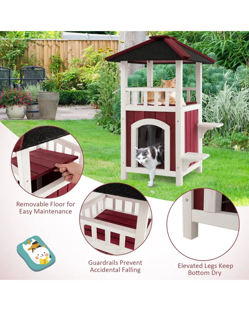 2-Story Wooden Cat House with Asphalt Roof Balcony and Rain Curtain-Red & White - Red & White - Cat Houses