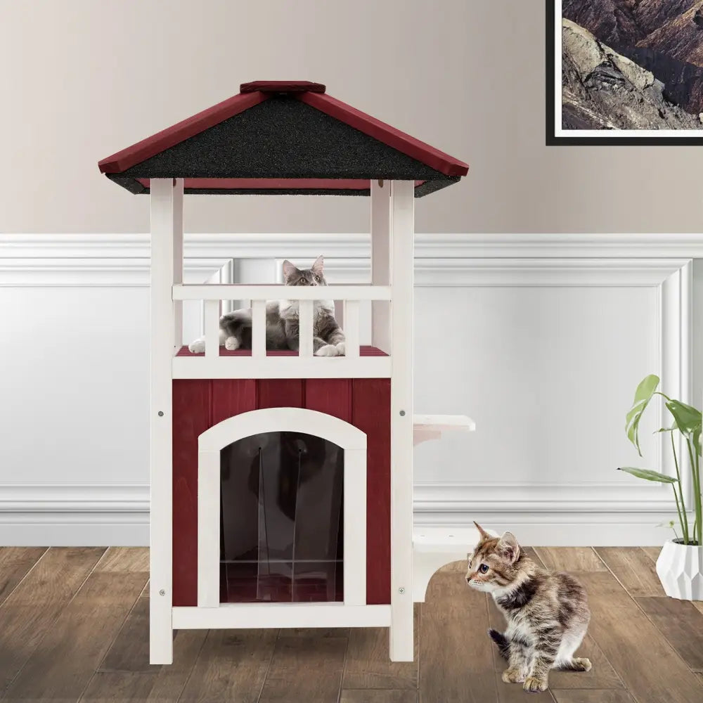 2-Story Wooden Cat House with Asphalt Roof Balcony and Rain Curtain-Red & White - Red & White - Cat Houses