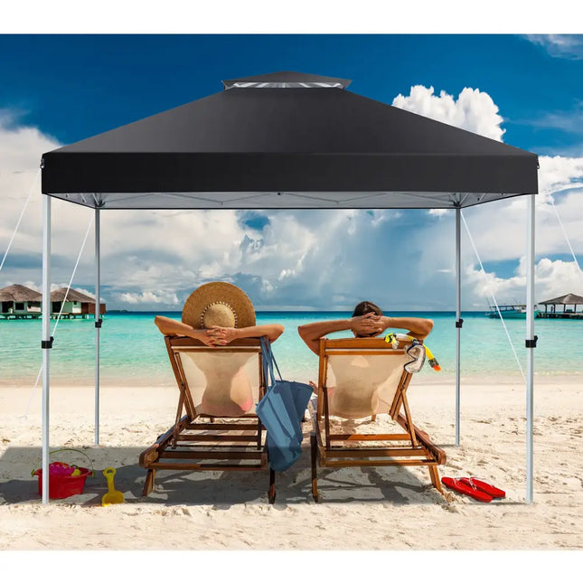 2-Tier 10 x 10 Feet Pop-up Canopy Tent with Wheeled Carry Bag-Black - Black - Canopies