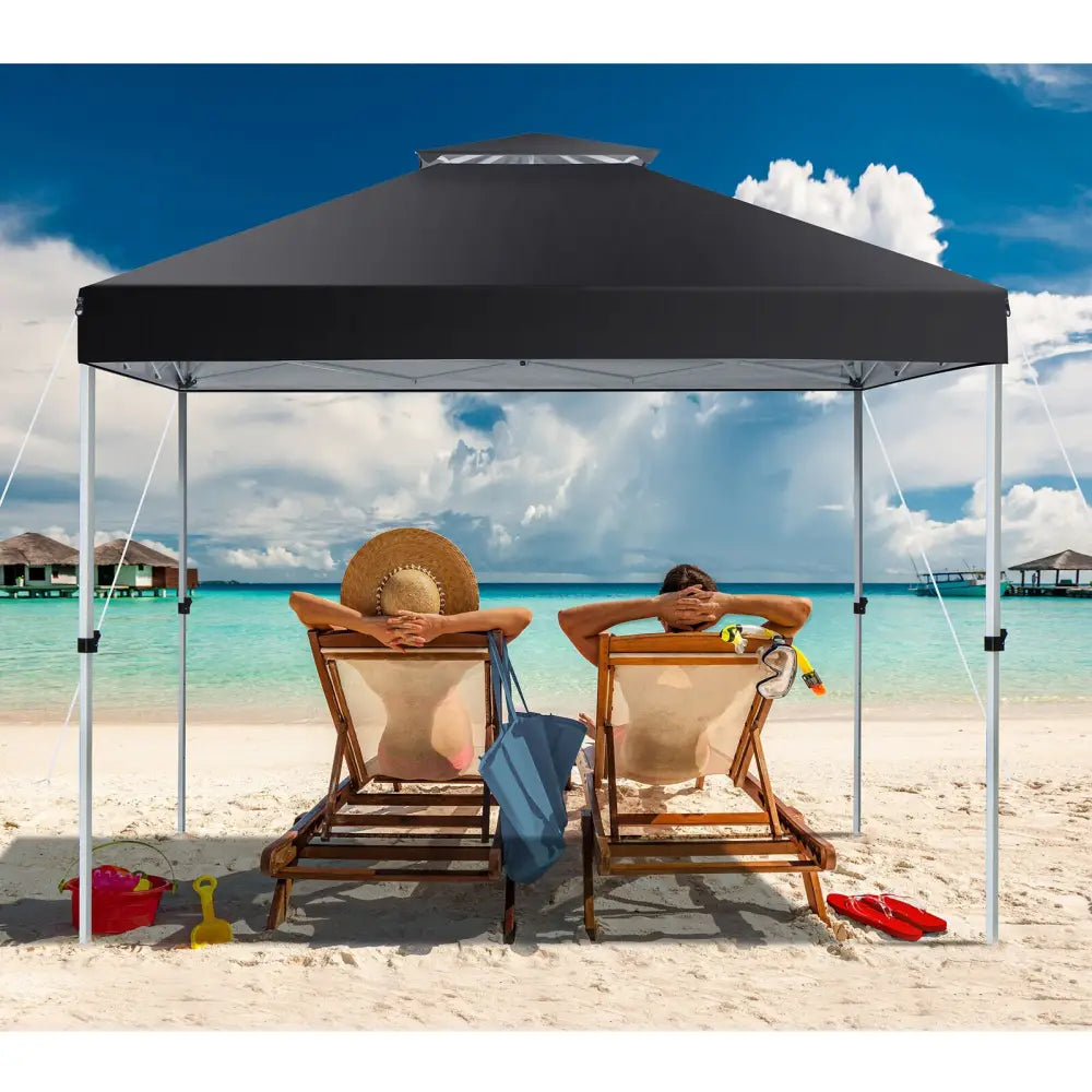 2-Tier 10 x 10 Feet Pop-up Canopy Tent with Wheeled Carry Bag-Black - Black - Canopies