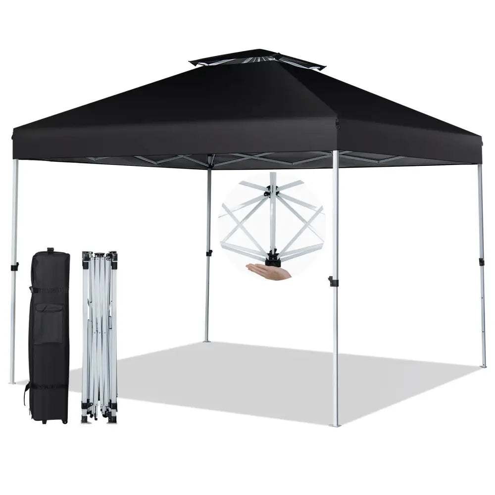 2-Tier 10 x 10 Feet Pop-up Canopy Tent with Wheeled Carry Bag-Black - Black - Canopies