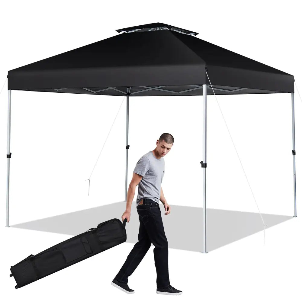 2-Tier 10 x 10 Feet Pop-up Canopy Tent with Wheeled Carry Bag-Black - Black - Canopies