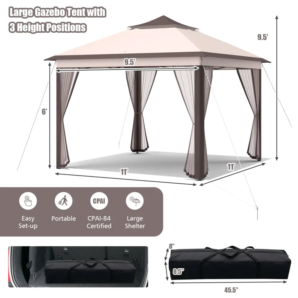 2-Tier 11 x 11 Feet Pop-Up Gazebo Tent Portable Canopy Shelter Carry Bag Mesh-Beige - Beige - Gazebos
