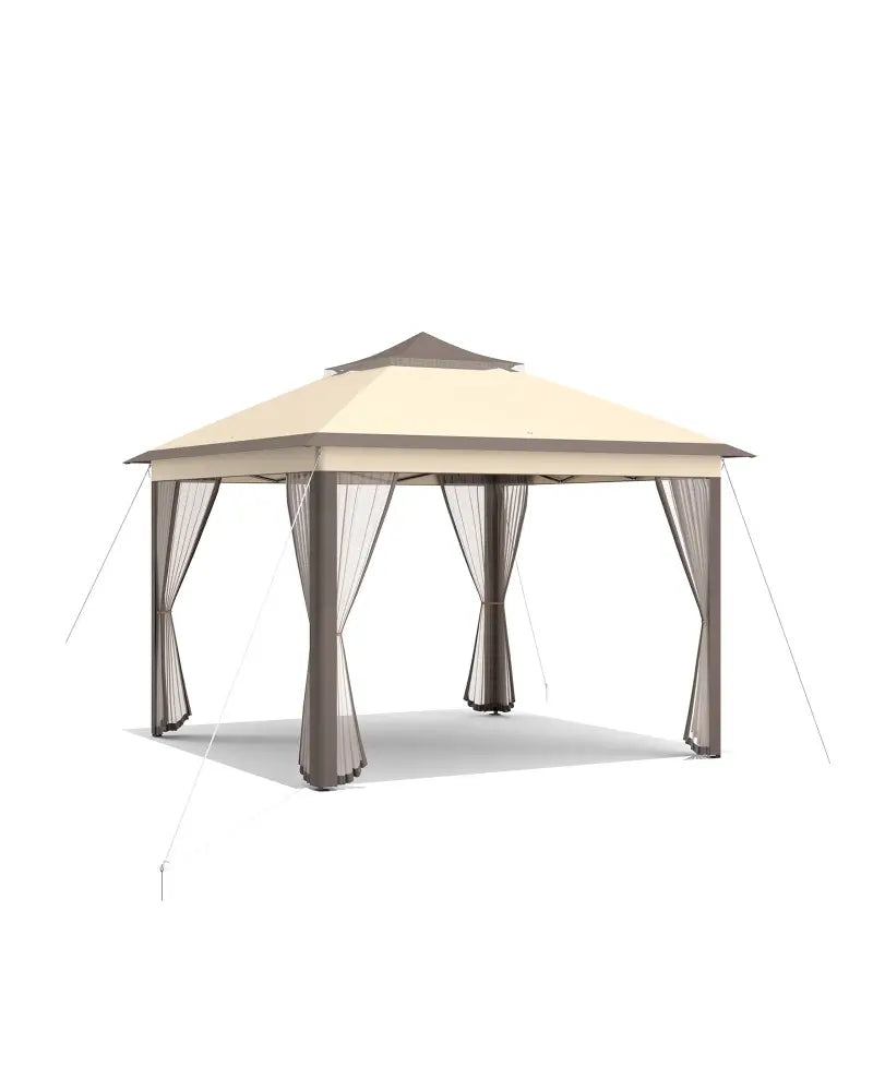 2-Tier 11 x 11 Feet Pop-Up Gazebo Tent Portable Canopy Shelter Carry Bag Mesh - Brown - Gazebos
