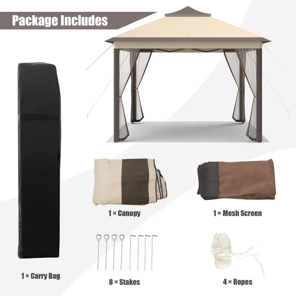 2-Tier 11 x 11 Feet Pop-Up Gazebo Tent Portable Canopy Shelter Carry Bag Mesh - Brown - Gazebos