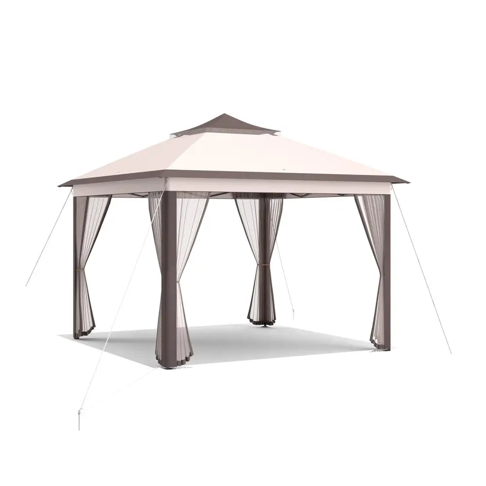 2-Tier 11 x 11 Feet Pop-Up Gazebo Tent Portable Canopy Shelter Carry Bag Mesh-Beige - Beige - Gazebos