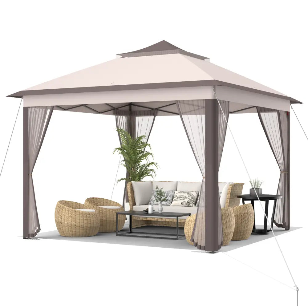 2-Tier 11 x 11 Feet Pop-Up Gazebo Tent Portable Canopy Shelter Carry Bag Mesh-Beige - Beige - Gazebos