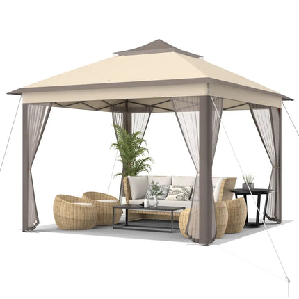 2-Tier 11 x 11 Feet Pop-Up Gazebo Tent Portable Canopy Shelter Carry Bag Mesh - Brown - Gazebos