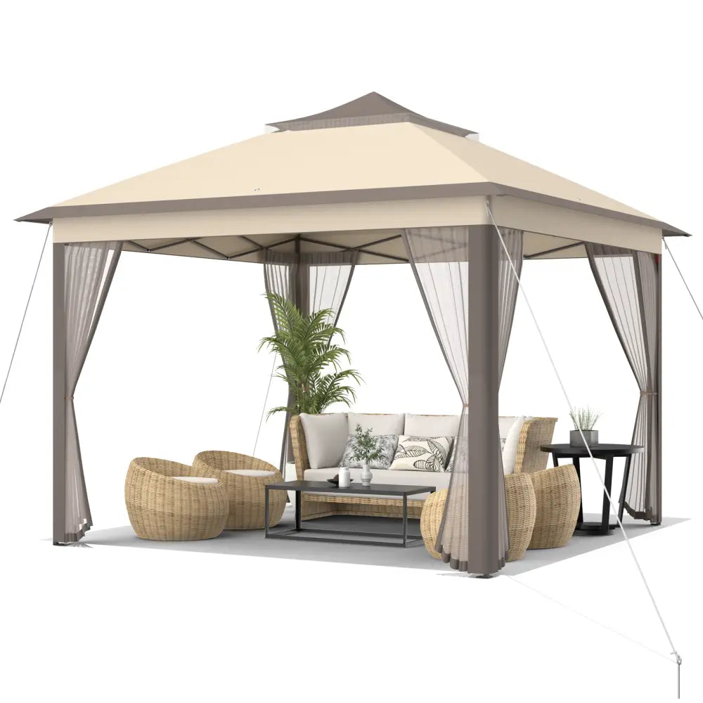 2-Tier 11 x 11 Feet Pop-Up Gazebo Tent Portable Canopy Shelter Carry Bag Mesh - Brown - Gazebos