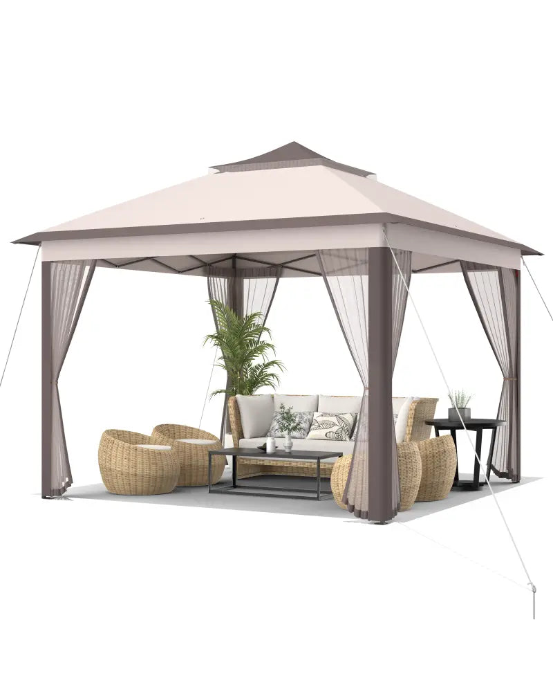 2-Tier 11 x 11 Feet Pop-Up Gazebo Tent Portable Canopy Shelter Carry Bag Mesh-Beige - Beige - Gazebos