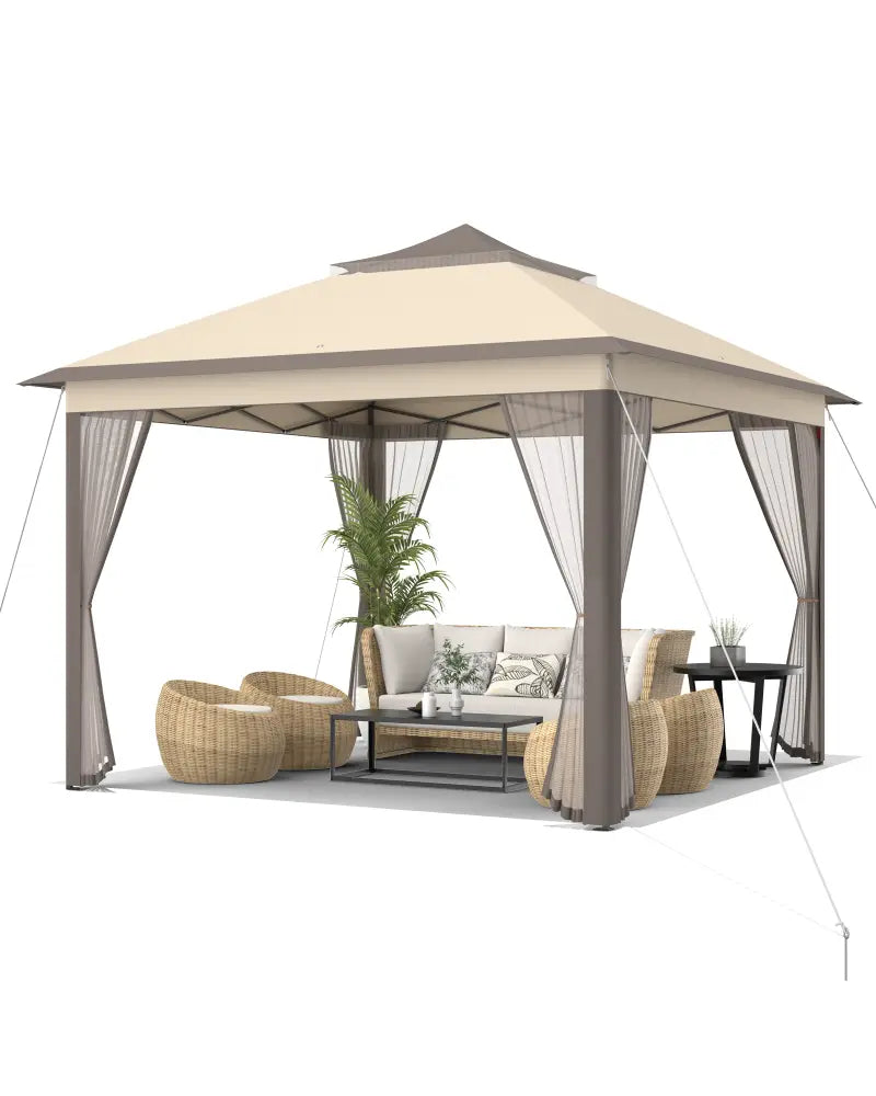 2-Tier 11 x 11 Feet Pop-Up Gazebo Tent Portable Canopy Shelter Carry Bag Mesh - Brown - Gazebos