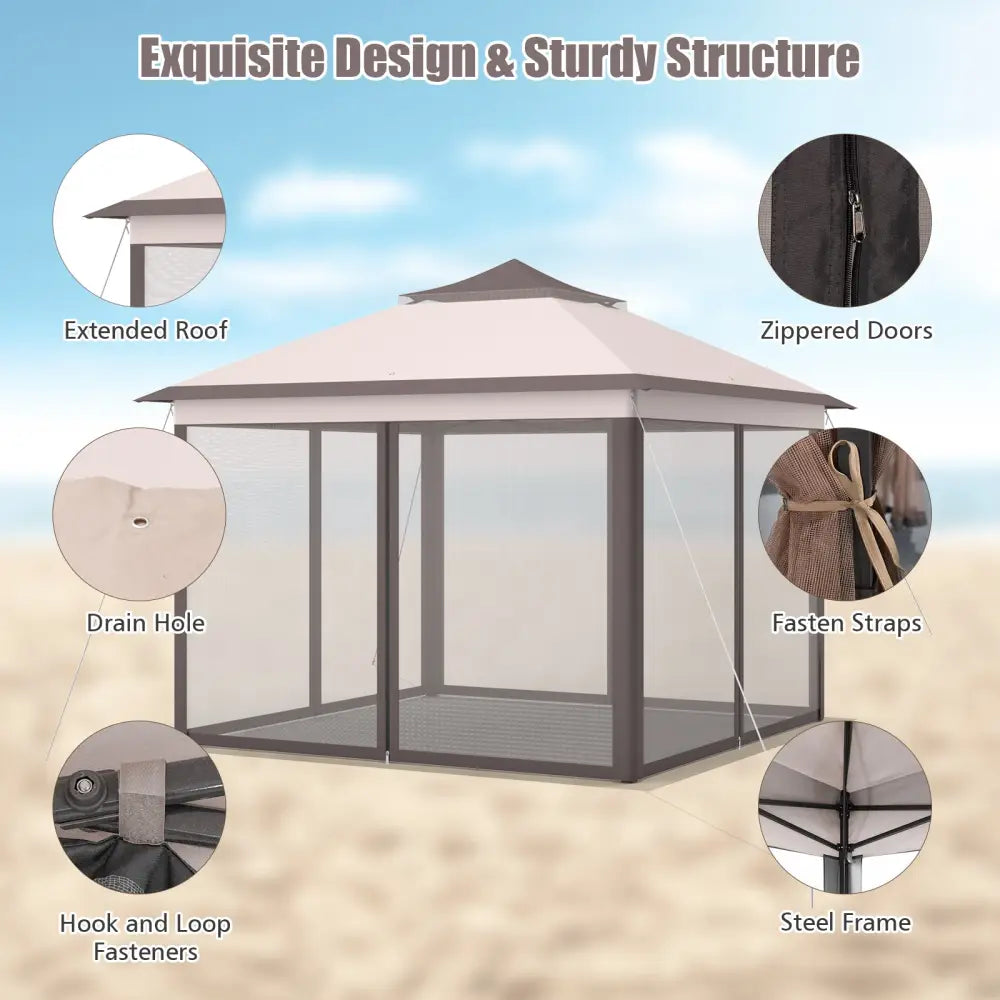 2-Tier 11 x 11 Feet Pop-Up Gazebo Tent Portable Canopy Shelter Carry Bag Mesh-Beige - Beige - Gazebos
