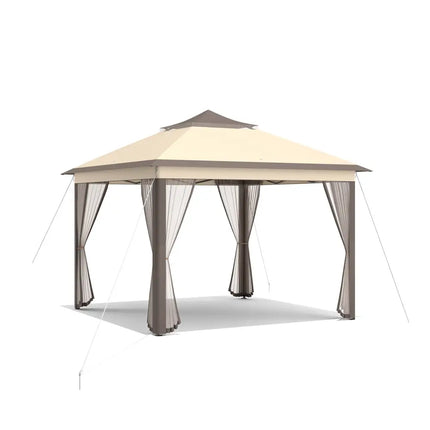 2-Tier 11 x 11 Feet Pop-Up Gazebo Tent Portable Canopy Shelter Carry Bag Mesh - Brown - Gazebos