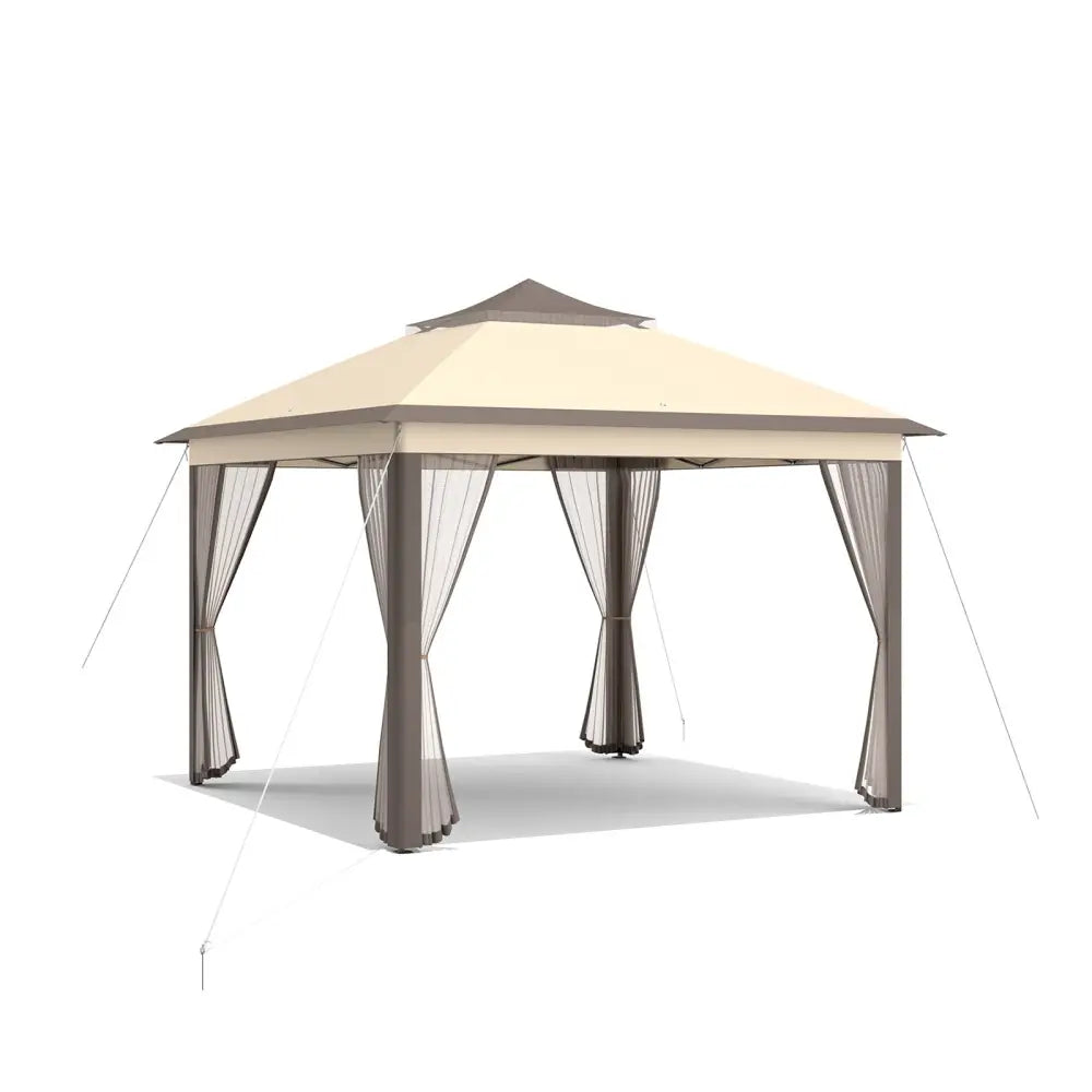 2-Tier 11 x 11 Feet Pop-Up Gazebo Tent Portable Canopy Shelter Carry Bag Mesh - Brown - Gazebos
