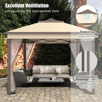 2-Tier 11 x 11 Feet Pop-Up Gazebo Tent Portable Canopy Shelter Carry Bag Mesh - Brown - Gazebos