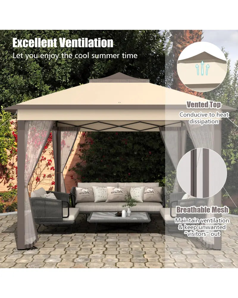 2-Tier 11 x 11 Feet Pop-Up Gazebo Tent Portable Canopy Shelter Carry Bag Mesh - Brown - Gazebos