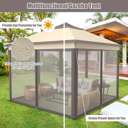 2-Tier 11 x 11 Feet Pop-Up Gazebo Tent Portable Canopy Shelter Carry Bag Mesh - Brown - Gazebos