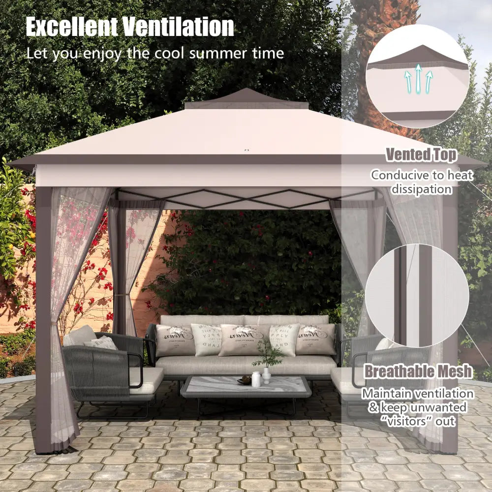 2-Tier 11 x 11 Feet Pop-Up Gazebo Tent Portable Canopy Shelter Carry Bag Mesh-Beige - Beige - Gazebos