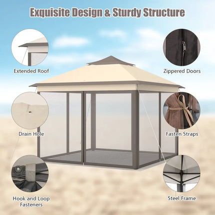 2-Tier 11 x 11 Feet Pop-Up Gazebo Tent Portable Canopy Shelter Carry Bag Mesh - Brown - Gazebos