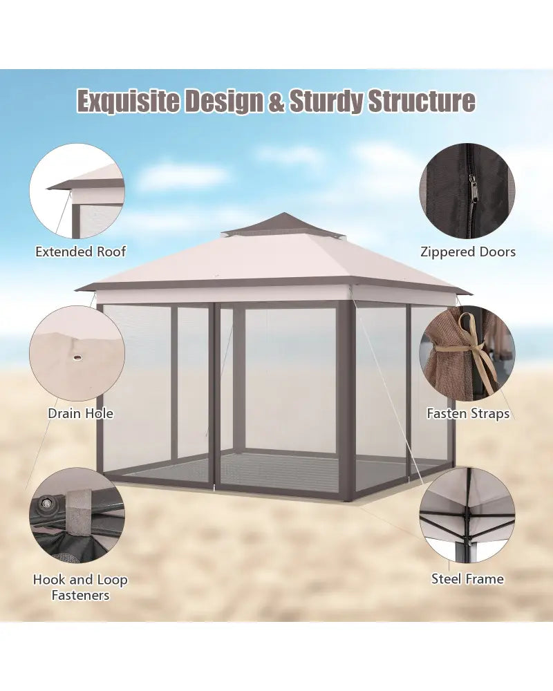 2-Tier 11 x 11 Feet Pop-Up Gazebo Tent Portable Canopy Shelter Carry Bag Mesh-Beige - Beige - Gazebos