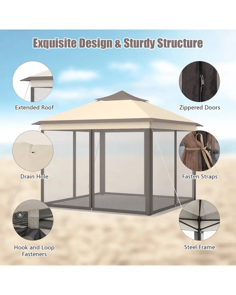 2-Tier 11 x 11 Feet Pop-Up Gazebo Tent Portable Canopy Shelter Carry Bag Mesh - Brown - Gazebos