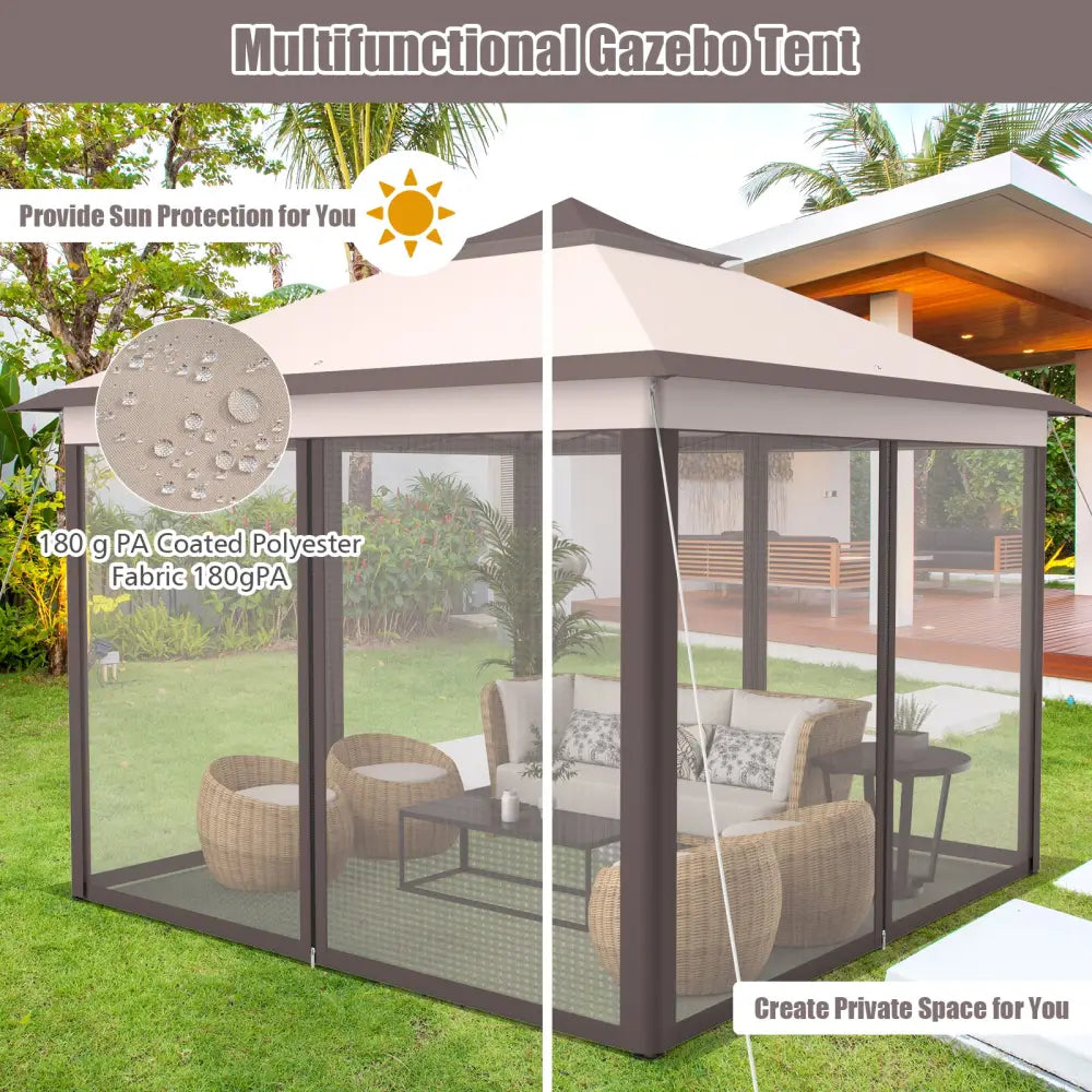 2-Tier 11 x 11 Feet Pop-Up Gazebo Tent Portable Canopy Shelter Carry Bag Mesh-Beige - Beige - Gazebos
