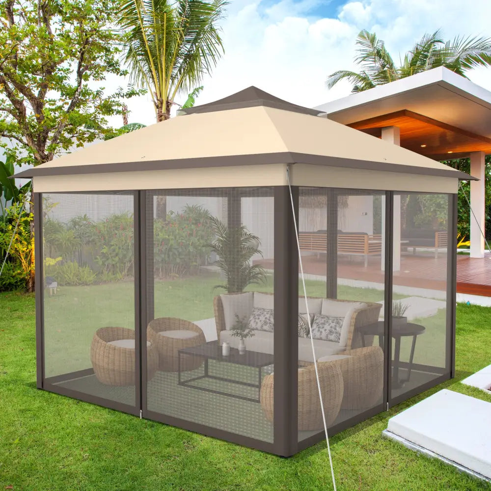 2-Tier 11 x 11 Feet Pop-Up Gazebo Tent Portable Canopy Shelter Carry Bag Mesh - Brown - Gazebos