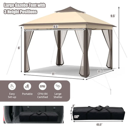 2-Tier 11 x 11 Feet Pop-Up Gazebo Tent Portable Canopy Shelter Carry Bag Mesh - Brown - Gazebos