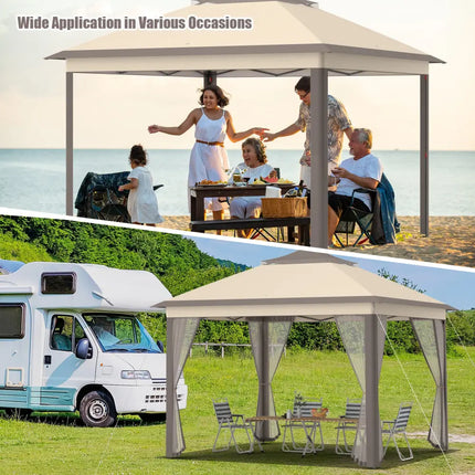 2-Tier 11 x 11 Feet Pop-Up Gazebo Tent Portable Canopy Shelter Carry Bag Mesh - Brown - Gazebos