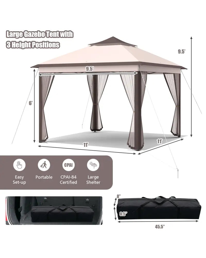 2-Tier 11 x 11 Feet Pop-Up Gazebo Tent Portable Canopy Shelter Carry Bag Mesh-Beige - Beige - Gazebos
