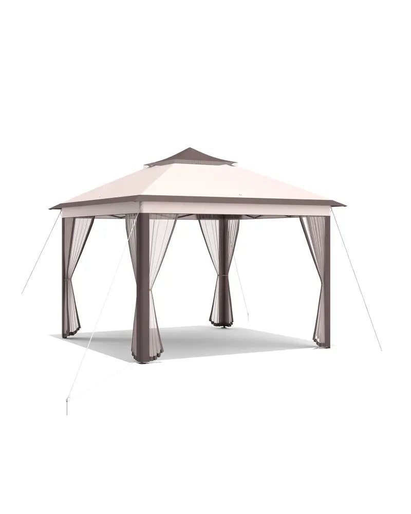 2-Tier 11 x 11 Feet Pop-Up Gazebo Tent Portable Canopy Shelter Carry Bag Mesh-Beige - Beige - Gazebos