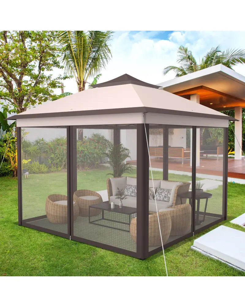 2-Tier 11 x 11 Feet Pop-Up Gazebo Tent Portable Canopy Shelter Carry Bag Mesh-Beige - Beige - Gazebos