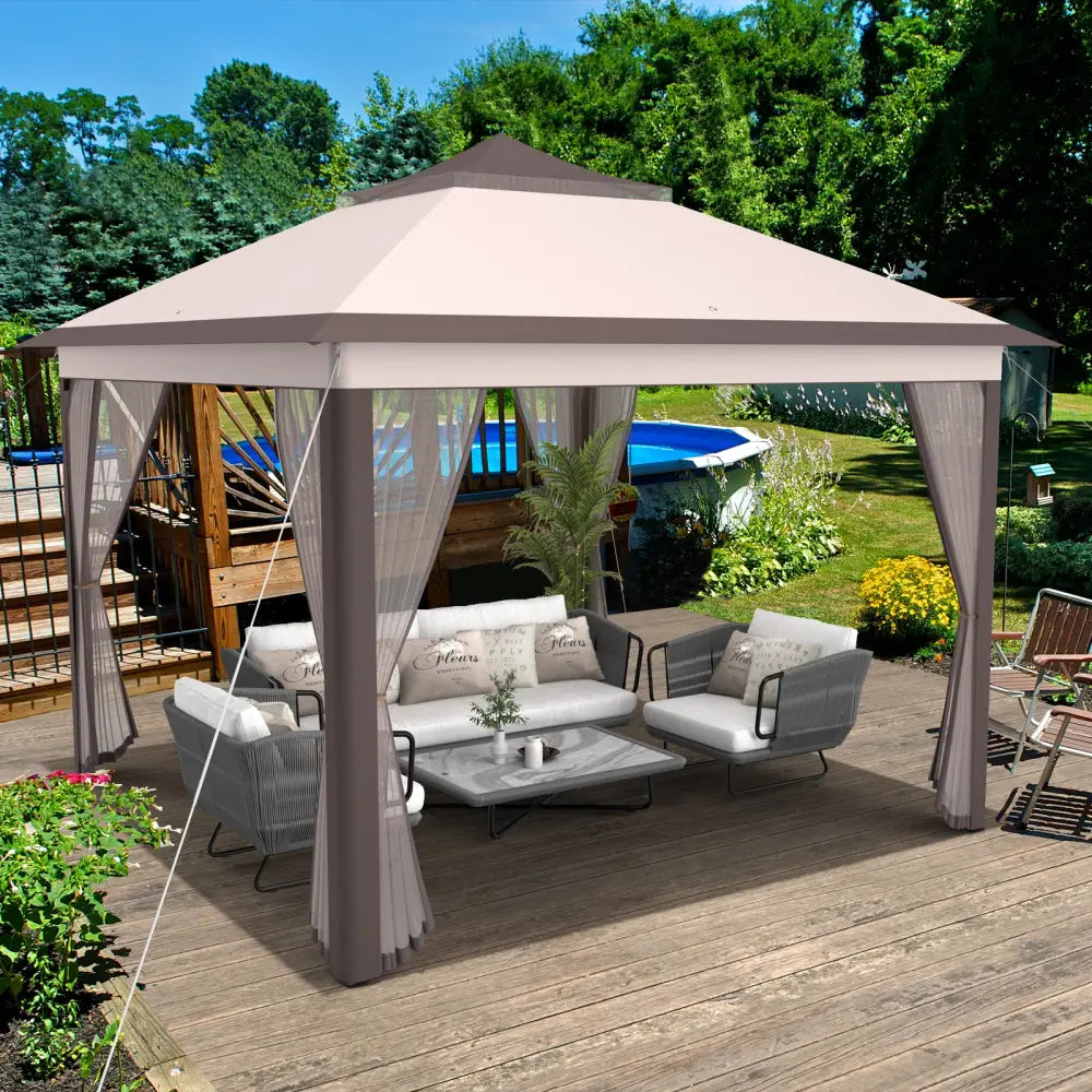2-Tier 11 x 11 Feet Pop-Up Gazebo Tent Portable Canopy Shelter Carry Bag Mesh-Beige - Beige - Gazebos