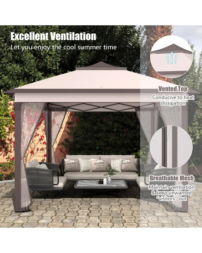 2-Tier 11 x 11 Feet Pop-Up Gazebo Tent Portable Canopy Shelter Carry Bag Mesh-Beige - Beige - Gazebos