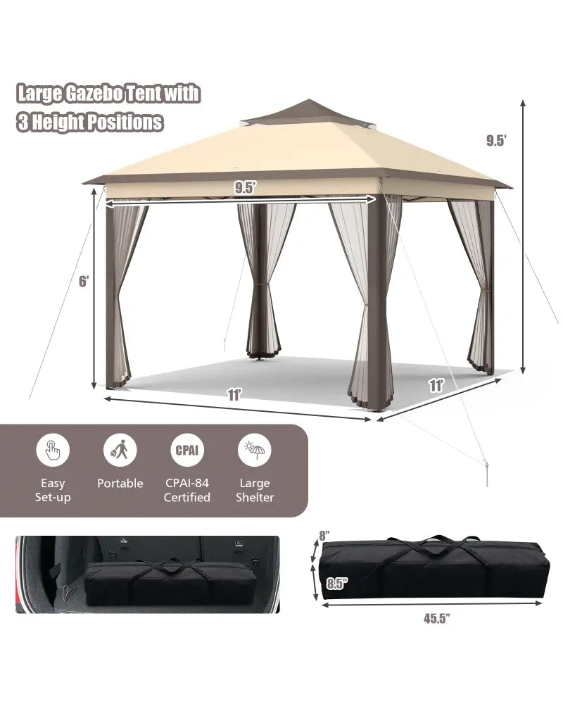 2-Tier 11 x 11 Feet Pop-Up Gazebo Tent Portable Canopy Shelter Carry Bag Mesh - Brown - Gazebos