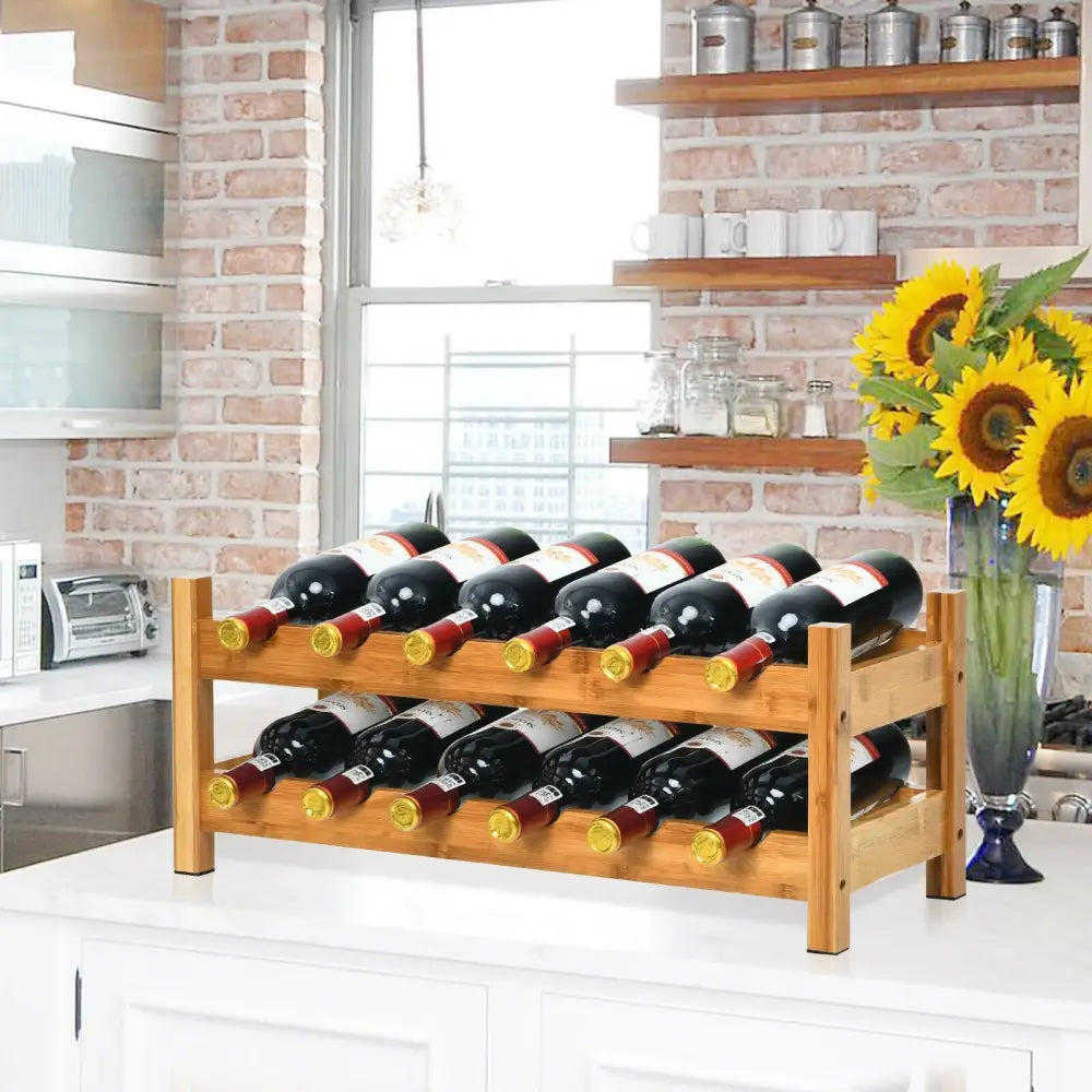 2-Tier 12 Bottles Bamboo Storage Shelf Wine Rack-Natural - Natural - Wine Racks