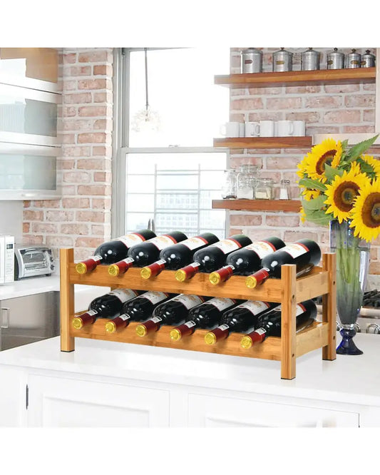 2-Tier 12 Bottles Bamboo Storage Shelf Wine Rack-Natural - Natural - Wine Racks