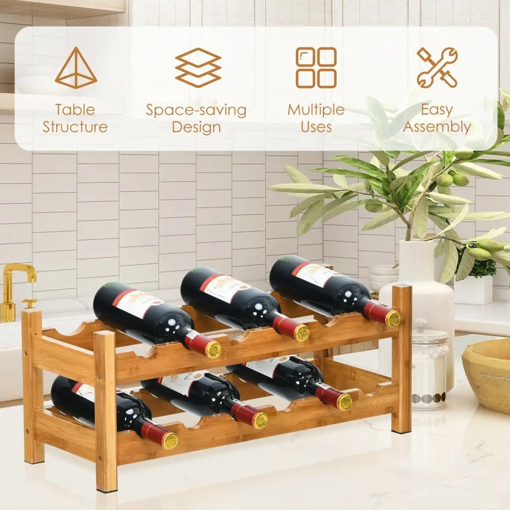 2-Tier 12 Bottles Bamboo Storage Shelf Wine Rack-Natural - Natural - Wine Racks