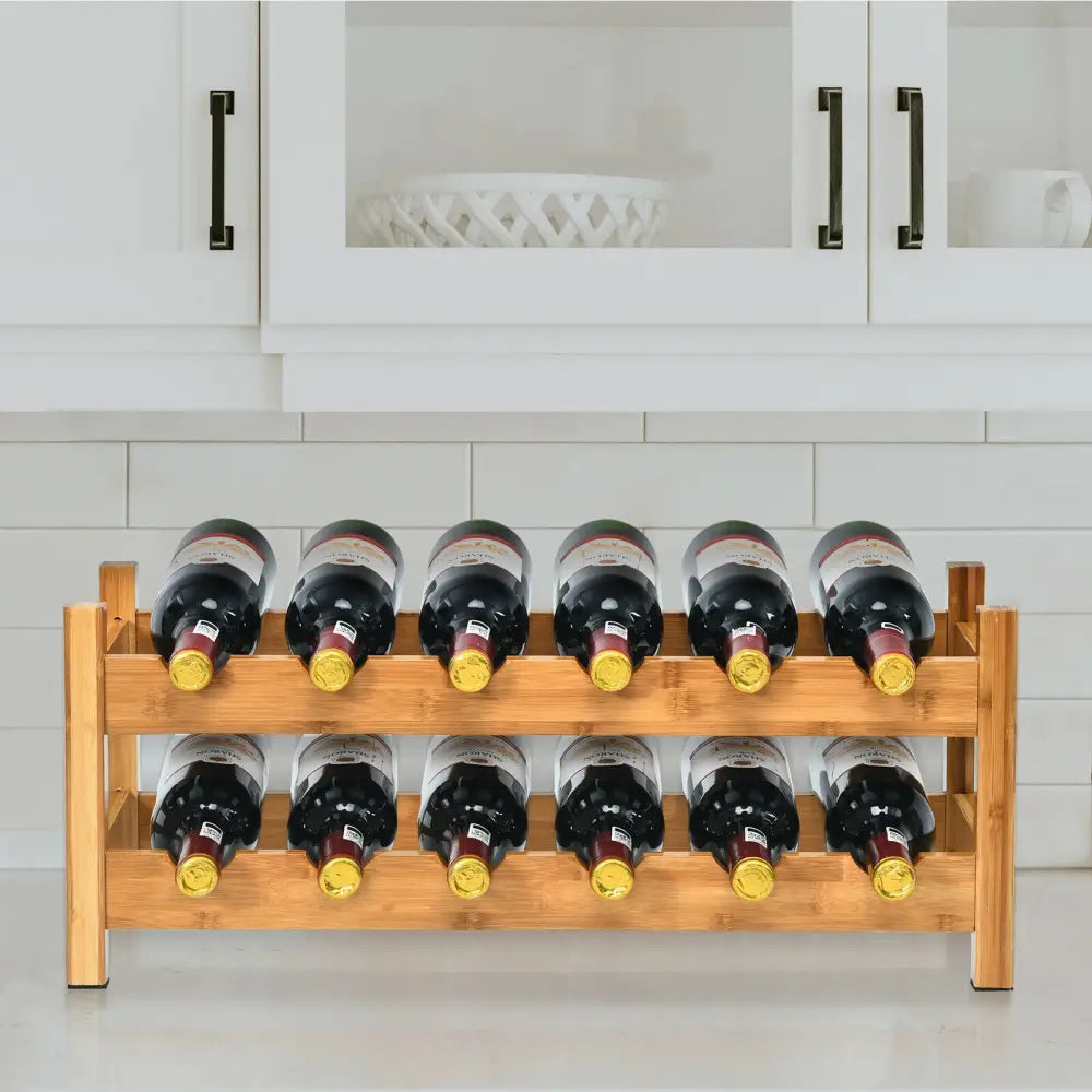 2-Tier 12 Bottles Bamboo Storage Shelf Wine Rack-Natural - Natural - Wine Racks