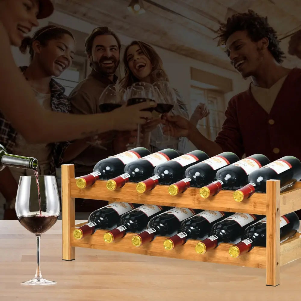 2-Tier 12 Bottles Bamboo Storage Shelf Wine Rack-Natural - Natural - Wine Racks