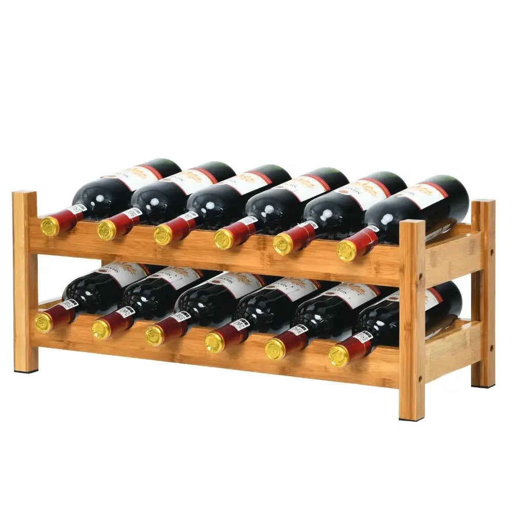 2-Tier 12 Bottles Bamboo Storage Shelf Wine Rack-Natural - Natural - Wine Racks